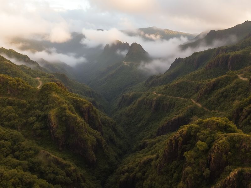 A misty laurel forest in Garajonay National Park on La Gomera, with ancient trees draped in moss and sunlight filtering throu