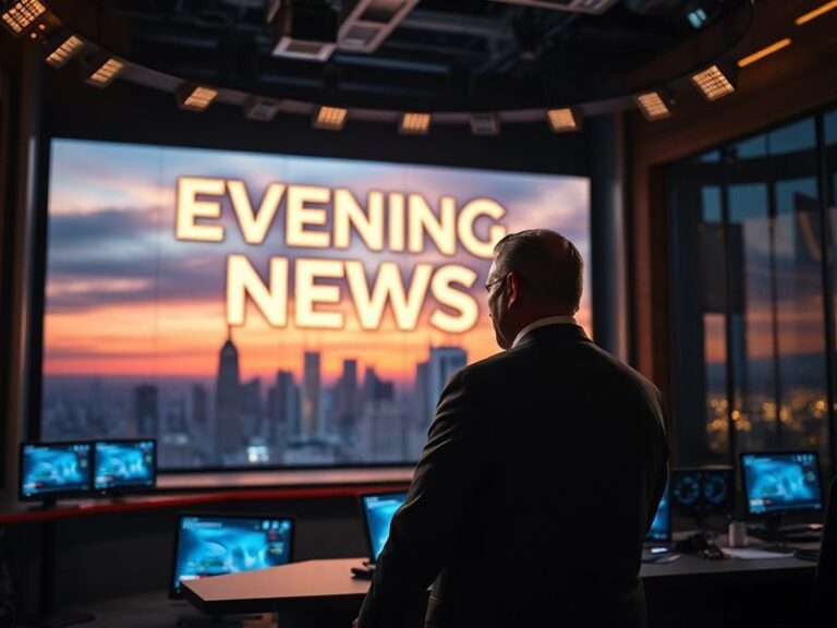 A split-screen image showing four broadcast news anchors (ABC, NBC, CBS, Fox) on television screens with a Nielsen ratings gr
