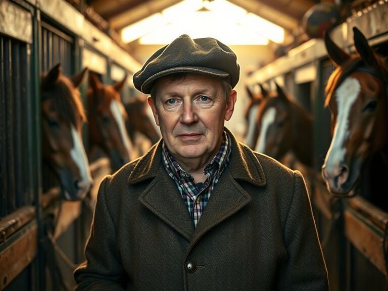 A dynamic image of Andrew Balding in the winners' enclosure at a British racecourse, surrounded by his team and a champion ra