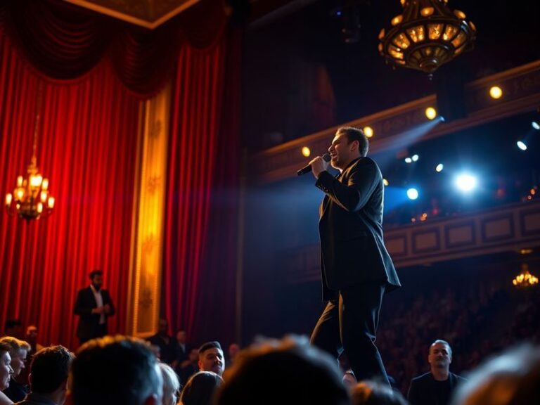 Joaquin Consuelos on stage in costume as Max von Mayerling during a performance of Sunset Boulevard on Broadway, with dramati