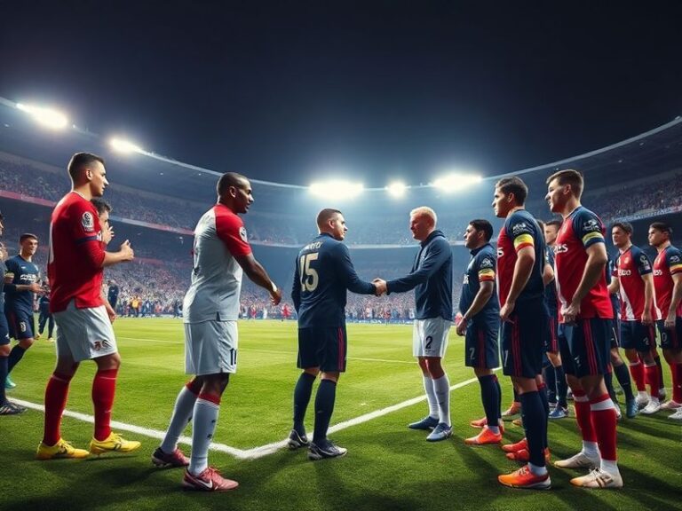 A vibrant stadium atmosphere with Paris FC fans in dark blue and red scarves cheering against Monaco's white and red team, se