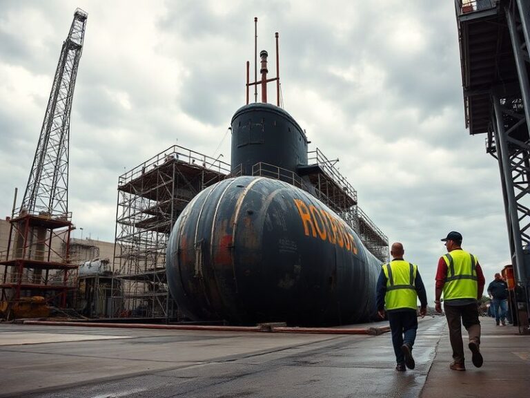 A high-resolution photograph of the USS Boise submarine docked at a naval shipyard, with engineers and crew members visible i