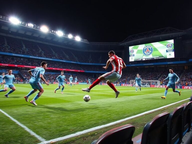 A wide-angle shot of Stade Charléty during a Paris FC match, with the stands filled with passionate fans. In the distance, th