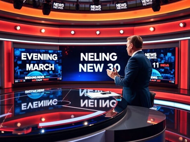 A split-screen image showing a traditional news anchor desk on one side and a smartphone displaying a digital news app on the