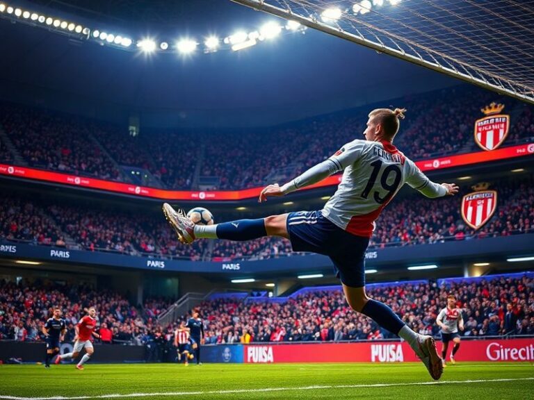 A wide-angle shot of Stade Charléty during the Paris FC vs Monaco match, capturing players in mid-action, the scoreboard show