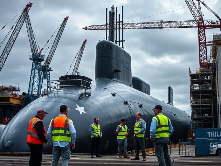 A view of the USS Boise submarine in dry dock at Newport News Shipbuilding, showing rust, worn paint, and industrial wear, wi
