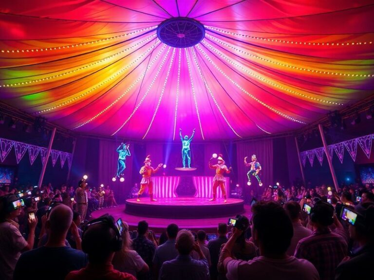 A surreal animated scene from the Digital Circus movie showing a group of characters in a dreamlike digital landscape with sh