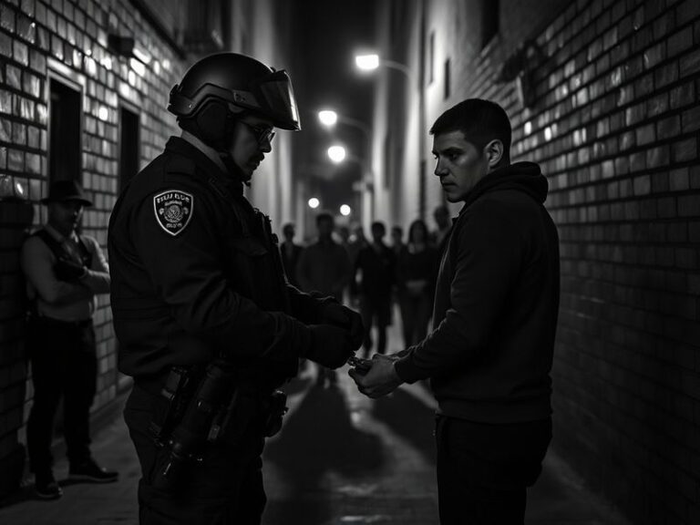 A split-image illustration showing a courtroom gavel and a protest sign reading 'No Justice, No Peace,' symbolizing the dual