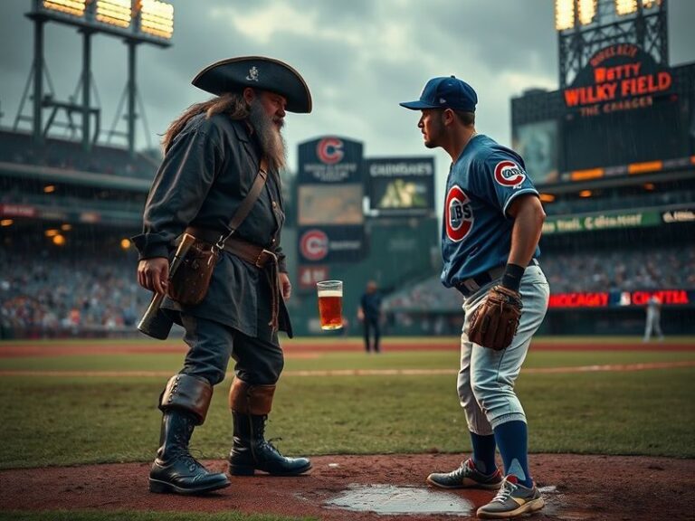 A split-screen image showing PNC Park in Pittsburgh and Wrigley Field in Chicago, with players from both teams in action duri