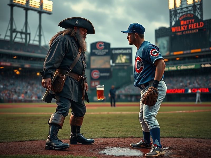 A split-screen image showing PNC Park in Pittsburgh and Wrigley Field in Chicago, with players from both teams in action duri