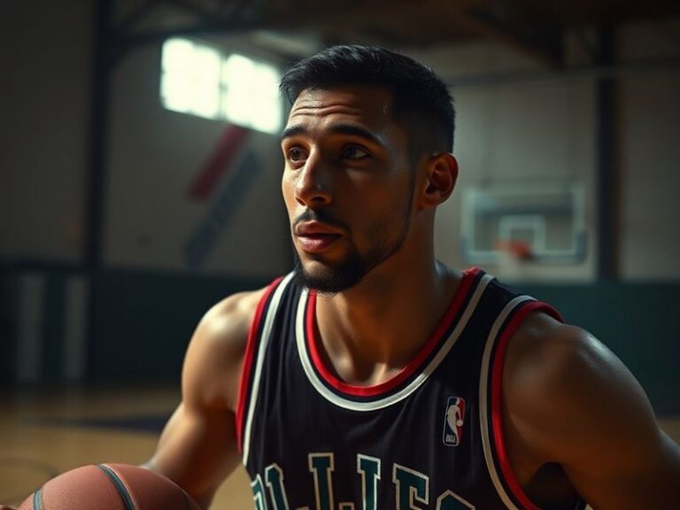 A dynamic action shot of Justin Pippen mid-analysis, dressed in a casual blazer and holding a basketball, with a studio backg