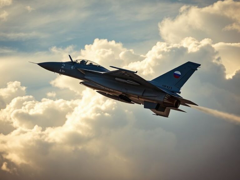 A high-angle shot of a Russian Su-57 stealth fighter on a snowy runway, with MiG-31 interceptors and Su-35s in the background