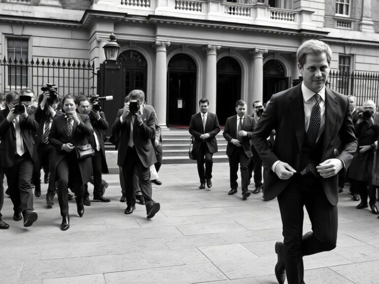 Prince Harry in a courtroom setting, with Sentebale’s logo subtly blurred in the background, symbolizing the legal dispute ov