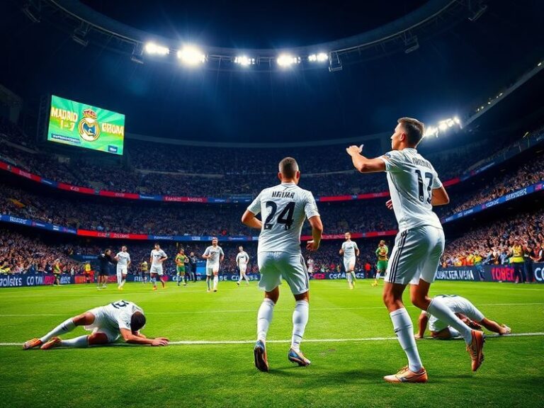 A vibrant stadium shot during the Real Madrid vs Girona match, capturing the intensity of the game with players in action, fa