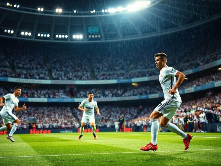 A dynamic shot of Real Madrid players celebrating a goal against Girona at the Santiago Bernabéu, with the Madrid faithful in
