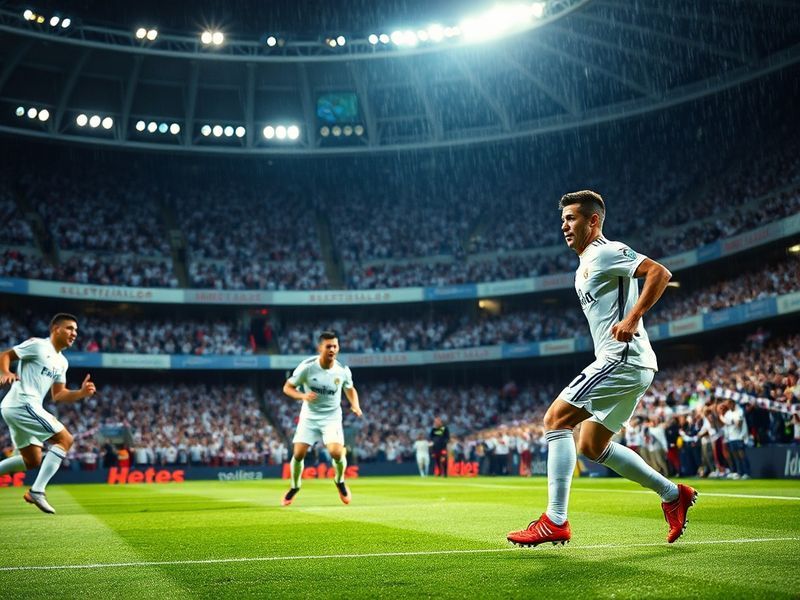 A dynamic shot of Real Madrid players celebrating a goal against Girona at the Santiago Bernabéu, with the Madrid faithful in
