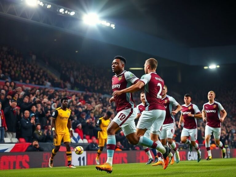 A dynamic action shot of Declan Rice scoring the winning goal for West Ham against Wolves at the London Stadium. The stadium