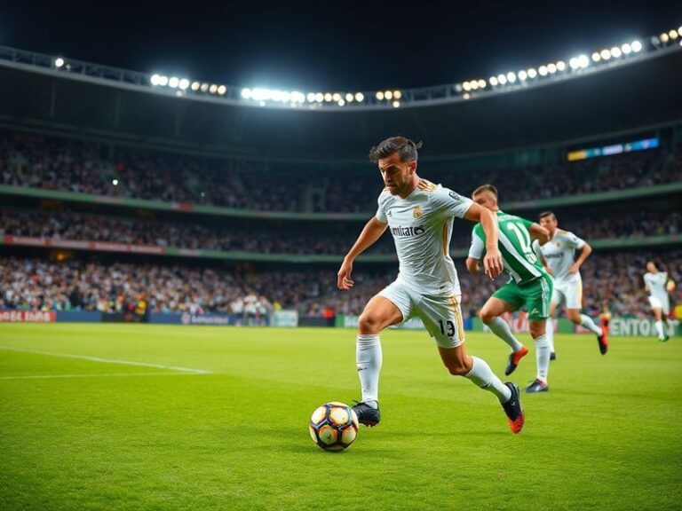 A wide-angle shot of Real Madrid players celebrating a goal at the Santiago Bernabéu, with Girona players in the background a