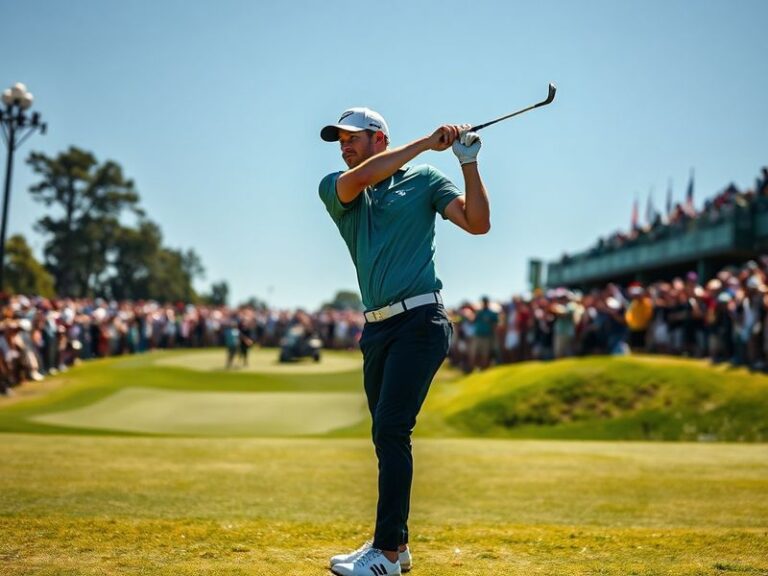 A dynamic action shot of Bryson DeChambeau mid-swing on a golf course, showcasing his muscular build and intense focus. The b