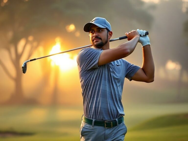 A focused action shot of Akshay Bhatia mid-swing on a lush green golf course, wearing a white cap and Nike apparel, with sunl
