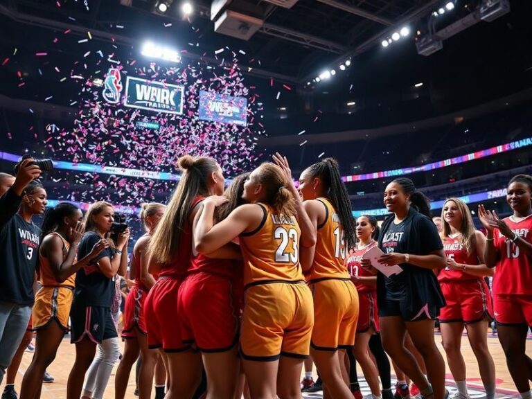 A dynamic action shot of a basketball court during a WNBA game, featuring a diverse group of young female athletes in mid-mot