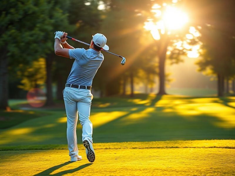 A focused action shot of Akshay Bhatia mid-swing on a lush green golf course, wearing a white cap and navy polo, with a clear