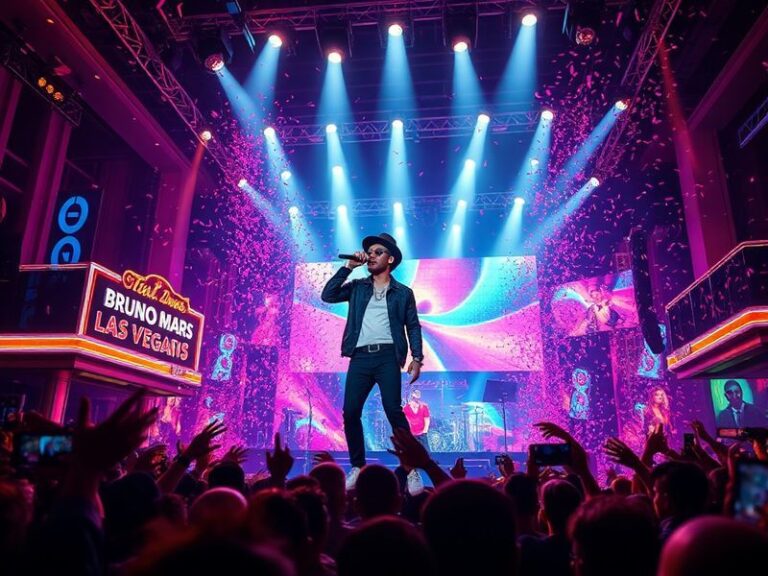 A vibrant concert scene featuring Bruno Mars on stage at the Colosseum in Las Vegas, bathed in colorful lights with a live ba