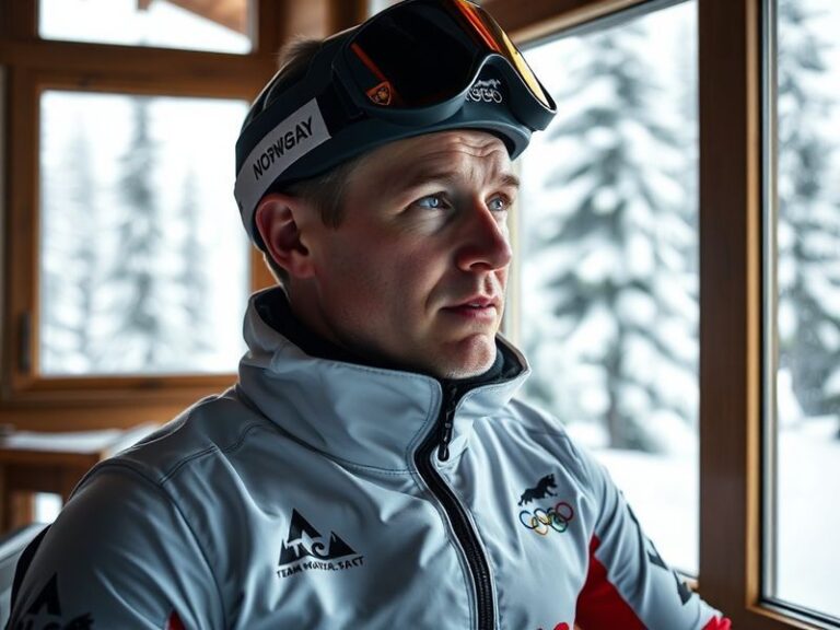 A dynamic action shot of Kristoffer Reitan competing in a sit-ski alpine event, wearing a Norwegian team uniform, carving thr