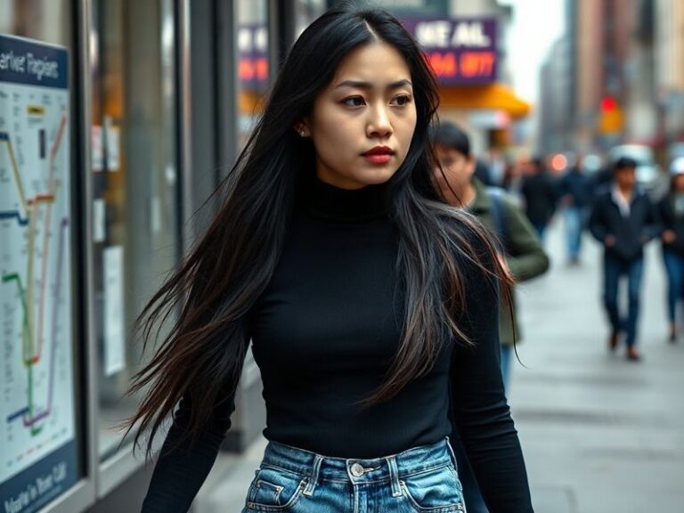 A professional portrait of Lola Tung in a modern, minimalist setting. She is dressed in a sleek blazer, her expression though