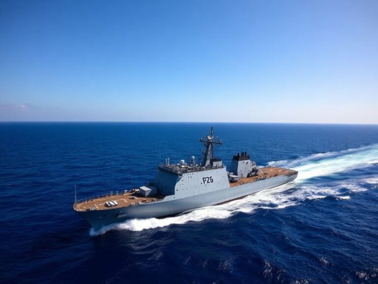 A high-angle view of the USS John P. Murtha sailing in open waters, with its flight deck, well deck, and advanced radar syste