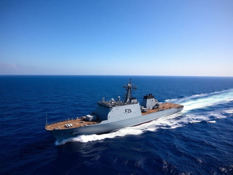 A high-angle view of the USS John P. Murtha sailing in open waters, with its flight deck, well deck, and advanced radar syste