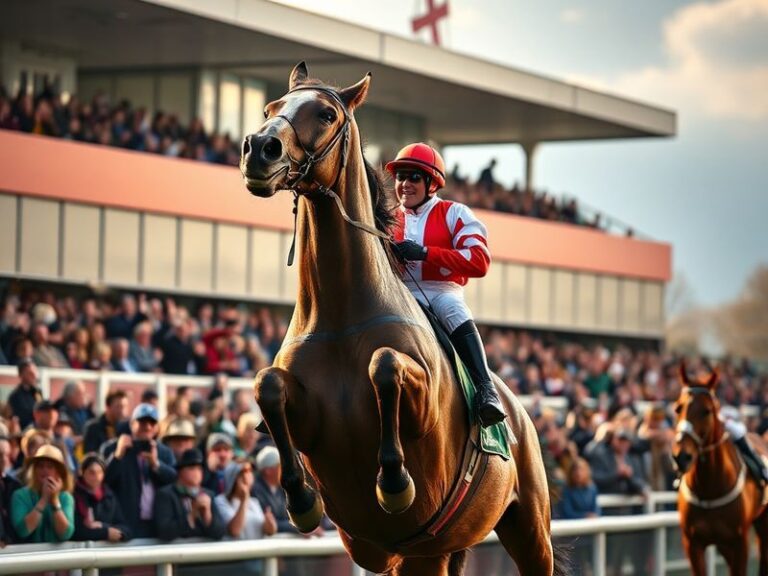 A dramatic photo of Thunder Ridge crossing the finish line at Aintree Racecourse, with jockey Liam O'Connor raising his arms