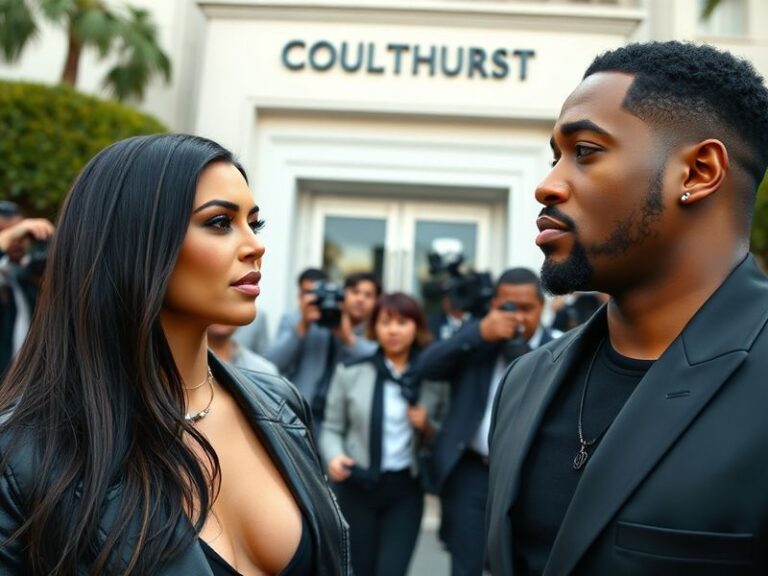 A split-image showing Kim Kardashian in a courtroom sketch style on one side and a vintage TV displaying a reality show scene