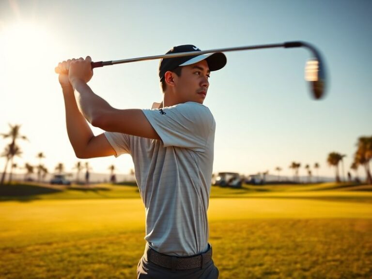 Collin Morikawa mid-swing at a PGA Tour event, captured in the early morning light on a lush fairway, with a focused expressi