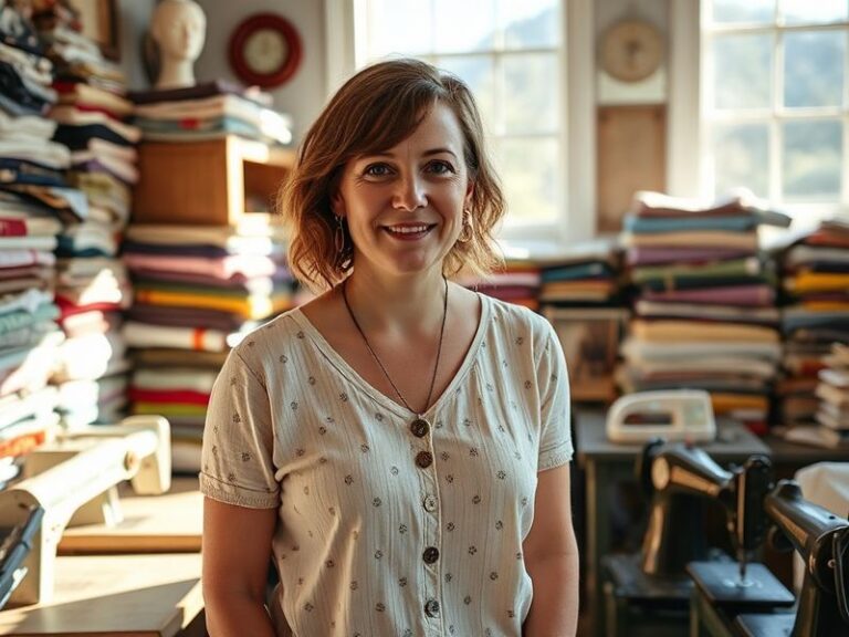 A warm, inviting shot of Erin Napier standing in a beautifully restored Southern home, surrounded by vintage furniture, soft