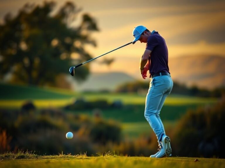 A mid-action shot of Rory McIlroy swinging a golf club on a lush green fairway, with a focused expression and a dramatic sky