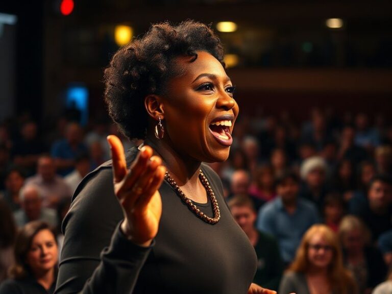 A vibrant photo of Gina Yashere on stage, mic in hand, with a dynamic expression. She wears a stylish yet understated outfit,