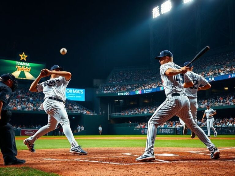 A split-screen image showing the Yankees' iconic pinstripes on the left and the Rays' navy blue with neon green accents on th