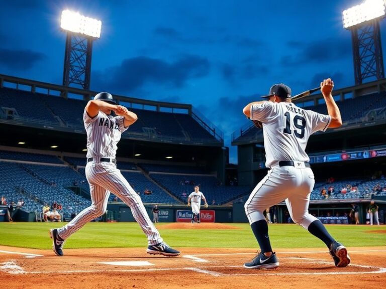A split-screen image: left side shows Yankees' Aaron Judge mid-swing at Yankee Stadium; right side shows Rays' Randy Arozaren