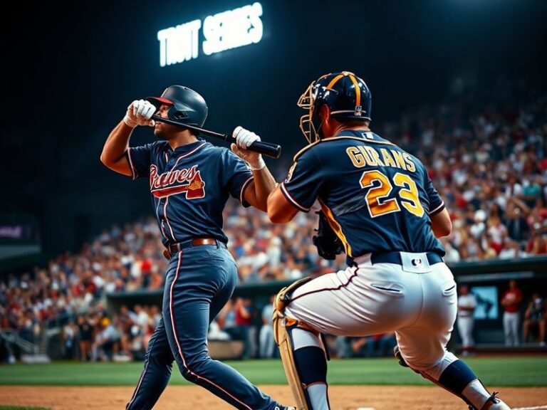 A split-screen image showing Cleveland's Progressive Field on one side with the city's skyline in the background, and Atlanta