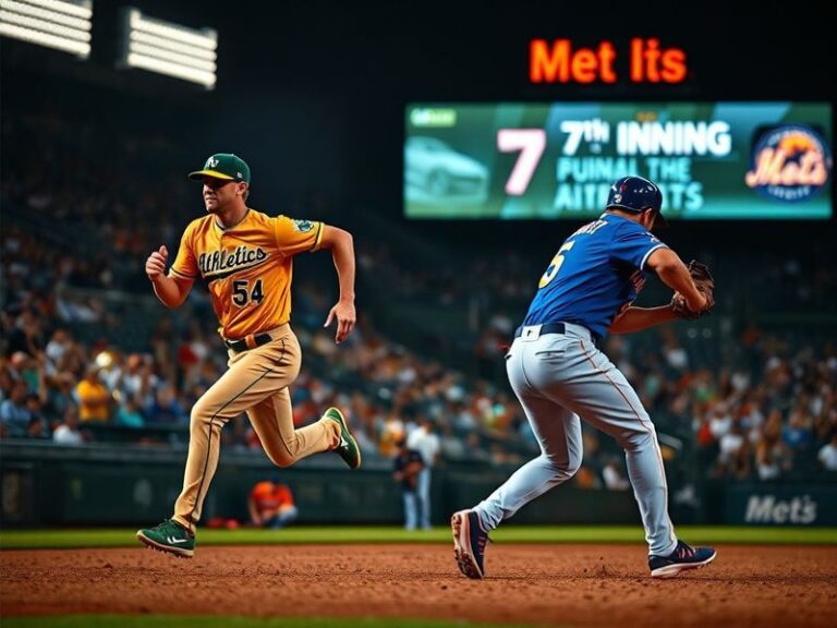 A split-screen image showing the New York Athletics' Hilltop Park in the early 1900s on one side and Shea Stadium during a Me