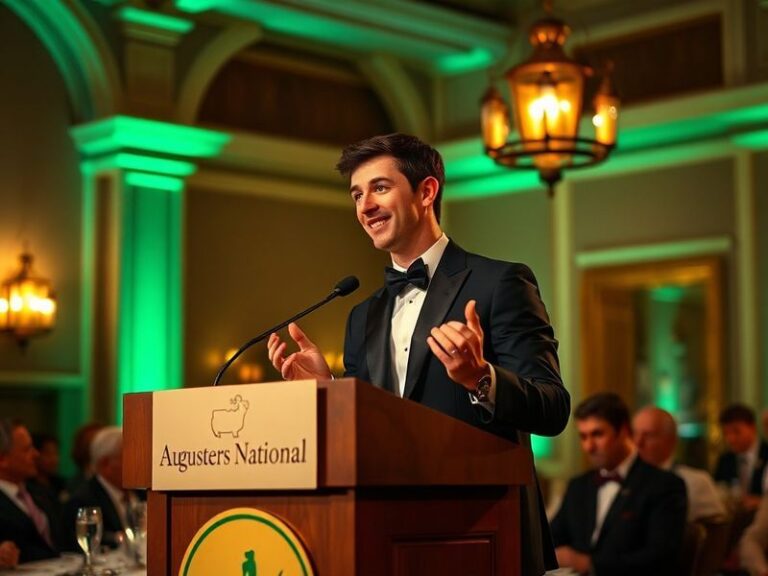 A formal dining room at Augusta National Golf Club, elegantly set with white linens, crystal glassware, and a table surrounde