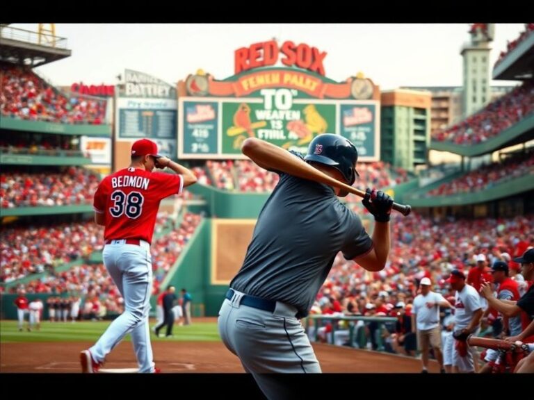 A wide-angle shot of Fenway Park during a twilight game between the Boston Red Sox and St. Louis Cardinals, showing the Green