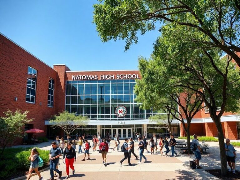 A vibrant daytime photo of Natomas High School's modern campus, featuring students walking between classes, the school sign,