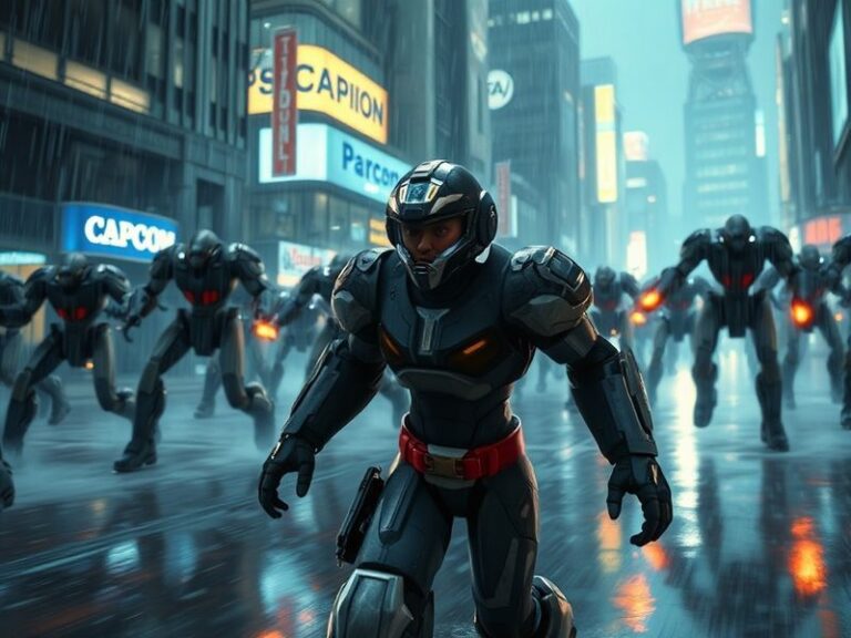 A dynamic collage showcasing Capcom's iconic franchises: Ryu from Street Fighter in a fighting stance, Claire Redfield from R