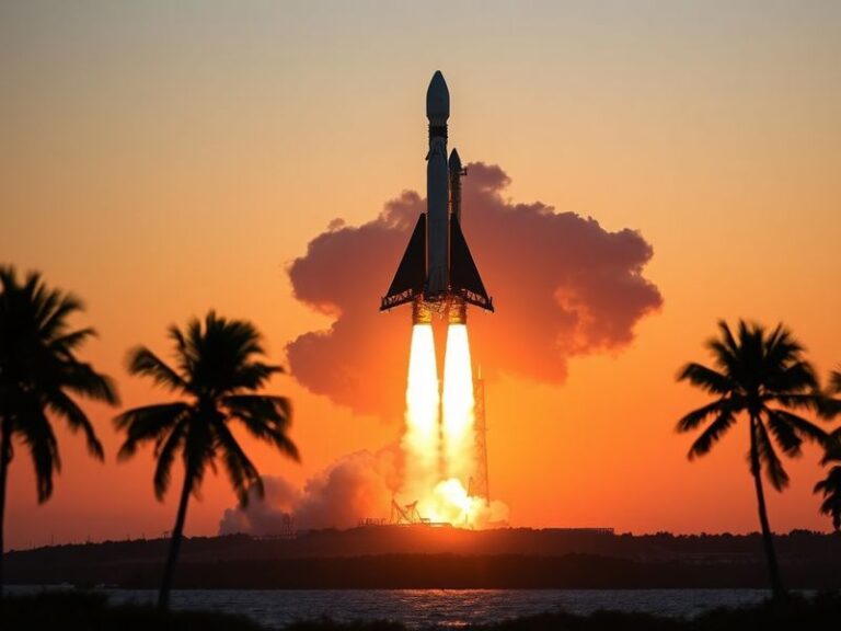 A rocket descending vertically toward a landing pad with four deployable legs extended, surrounded by a controlled environmen