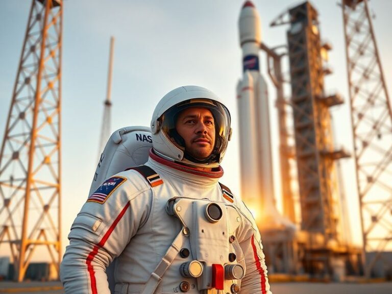Victor Glover in a white NASA spacesuit, smiling in front of a spacecraft mockup on a launchpad, with the sun setting behind