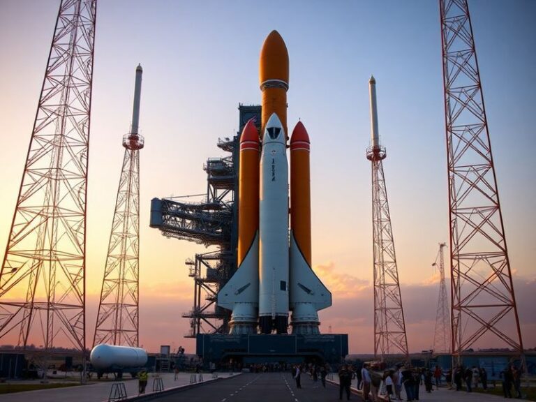 A high-angle shot of NASA's Space Launch System (SLS) rocket on the launchpad at Kennedy Space Center, with the Orion spacecr
