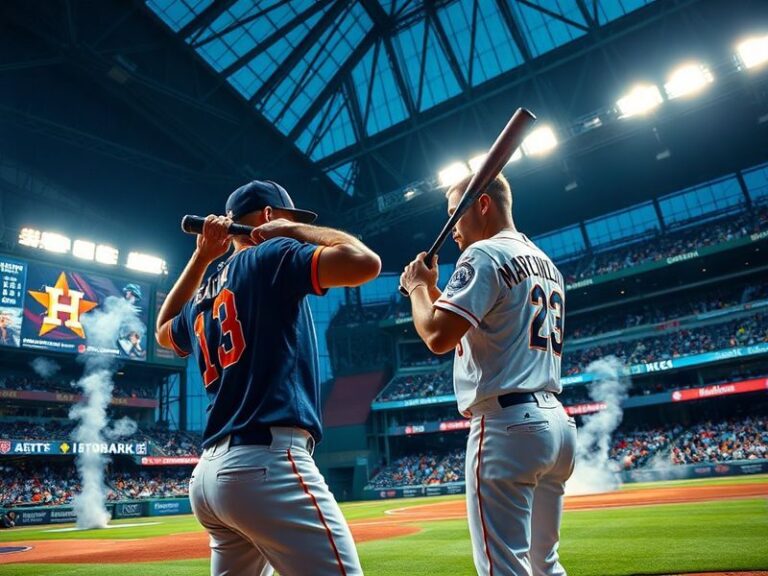 A split-screen image showing the Houston Astros' Minute Maid Park and the Seattle Mariners' T-Mobile Park under vibrant stadi