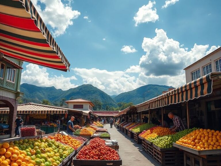 A vibrant street scene in Pasto, Colombia, featuring colonial architecture, colorful buildings, and a bustling plaza with loc